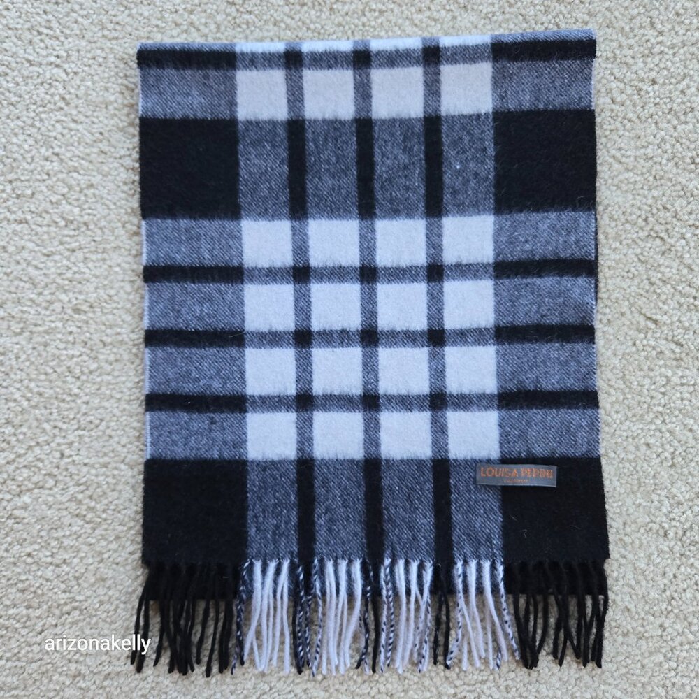 Cashmere Woven Fringe Scarf Black White Plaid Louisa Perini